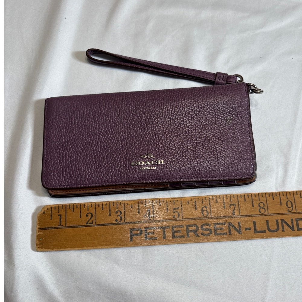 Coach Purple Pebbled Leather Slim Bifold Wristlet Wallet Silver Hardware